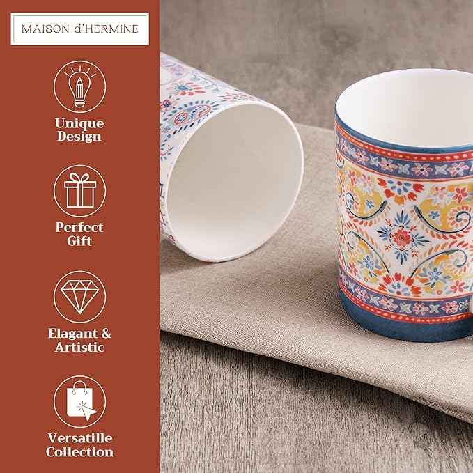 Maison d' Hermine Coffee Mug with Handles Fine Bone China Mugs Pack of Two Tea Cups for Hot Beverages Cappuccino Latte Home Restaurant Office Perfect for Gift (Indian Floral, 15 Ounce)