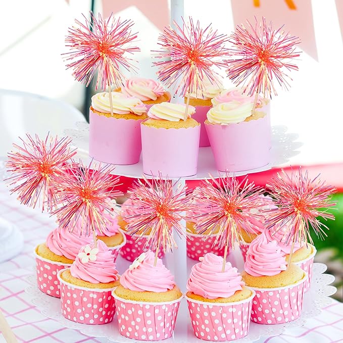 30 PCS Foil Firework Cupcake Toppers Happy Birthday Cupcake Toppers Sparkle Tinsel Flower Drink Stirrers Cocktail Fruit Toothpicks for Valentine's Day Baby Shower Party Cake Decor Supplies Orange