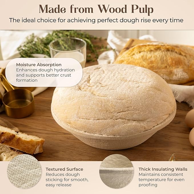 Sourdough Proofing Basket and Starter Jar Kit – 3.3 LB Round Wood Pulp Banneton with Waffle Pattern (Made in Germany) and 34 oz Sourdough Starter Jar, Thermometer Strips & Spatula – Bread Proofing Set