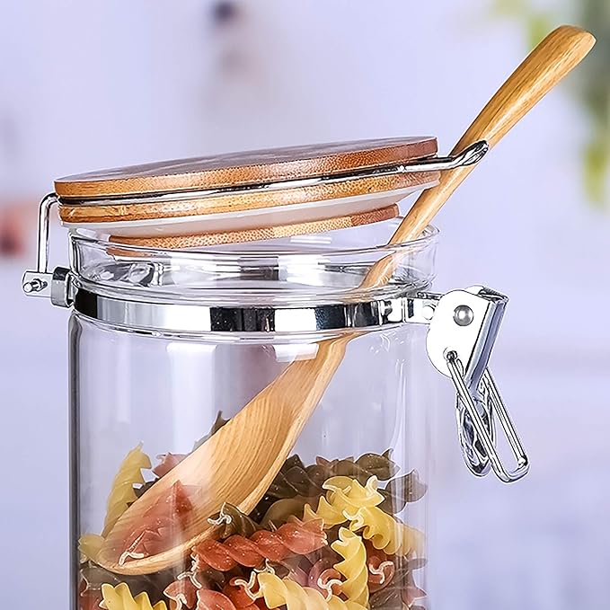 Set of 5 Borosilicate Glass Sugar Packet Holder Food Storage Jar Containers with Airtight Bamboo Clamp Lid, Airtight Canisters for Kitchen Bathroom and Pantry Organization, Cookie Jars for Flour