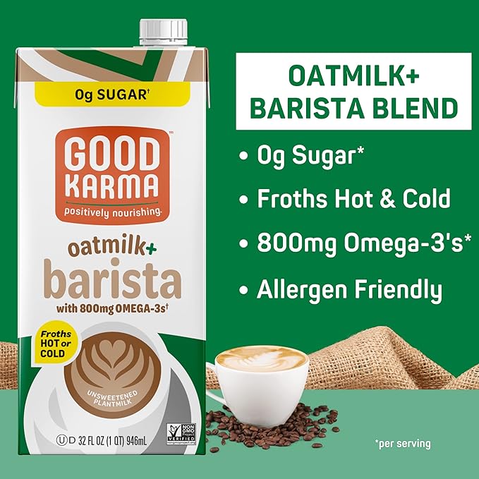 Good Karma Unsweetened Oatmilk + Barista Blend, 32 Ounce (Pack of 3), 800mg Omega -3s, Plant-Based Non-Dairy Milk Creamer Alternative with Oats, Flax and Peas, Lactose Free, Vegan, Shelf Stable