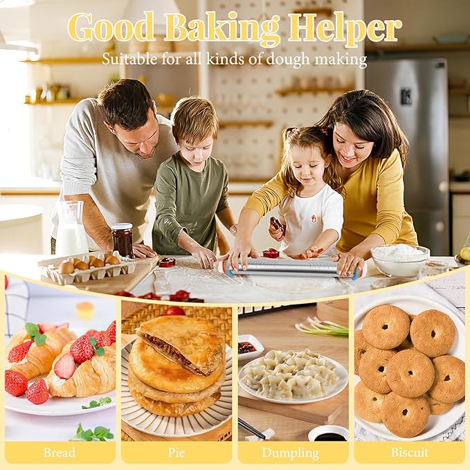 Adjustable Rolling Pin with 4 Thickness Rings for Baking, 17” Stainless Steel Dough Roller with Clear Measurement Markings for Pizza, Fondant, Pie, Cookies, Baking Supplies, Pastry, Pasta