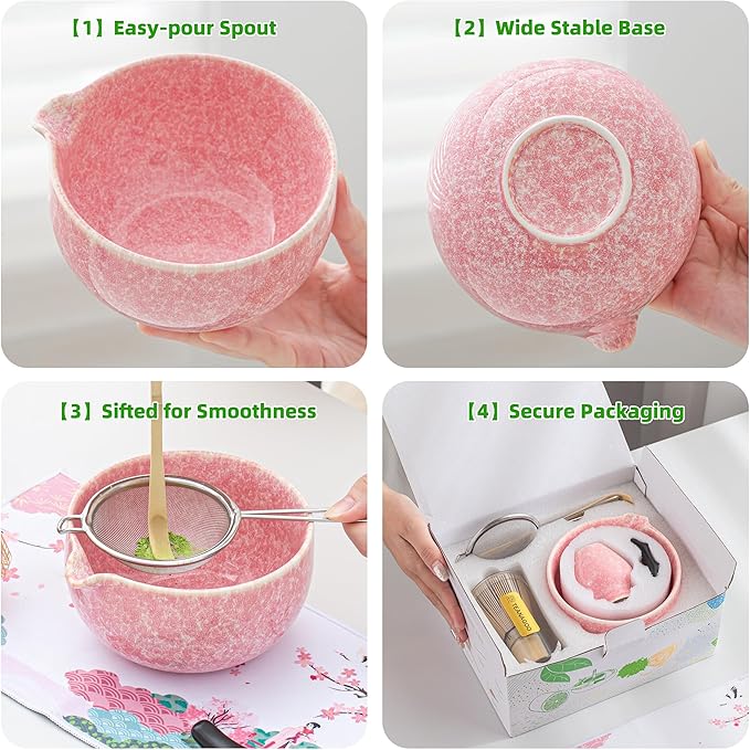 TEANAGOO Matcha Whisk Set,7 Pcs Matcha Set Pink,Ceremony Matcha Kit,Matcha Tea Set for Making Latte,Ceramic Bowl(chawan) whith Spout and Whisk,Gift for Matcha Lovers