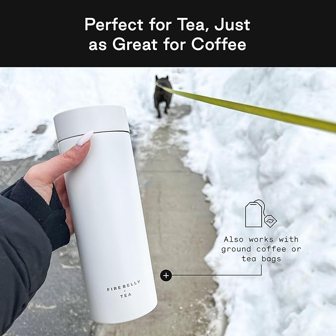 Firebelly Tea, Travel Tea Infuser Mug with Strainer, Insulated Tumbler for Loose Leaf Tea or Coffee, Leakproof Bottle for Hot or Iced Drinks, Stainless Steel Thermos with Lid, Blanc