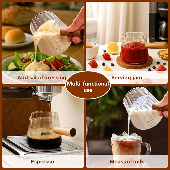 YARRAMATE 2 Pack 6 oz/180ML Glass Measuring Cup with Wooden Handle – Espresso Shot Cups, Ribbed Milk Frothing Pitcher, Dual Scale Markings, V-Shaped Mouth for Easy Pouring