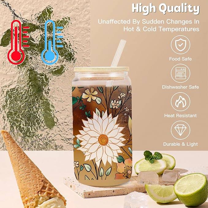 Daisy Flowers Iced Coffee Glass Cup, Drinking Glass Cups Lids Straws, Cute Tumbler Cup, Personalized for Women, Thank You Gifts for Teacher, Thanksgiving, Birthday Gifts for Women Her