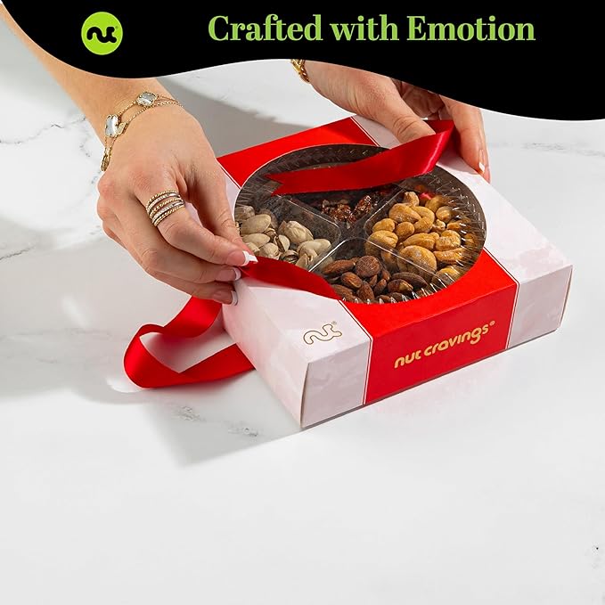 NUT CRAVINGS - Thanksgiving Mixed Nuts Gift Basket in Red Gold Box (4 Assortments) Holiday Xmas Christmas Food Arrangement, Healthy Snack Care Package, Food Assortments