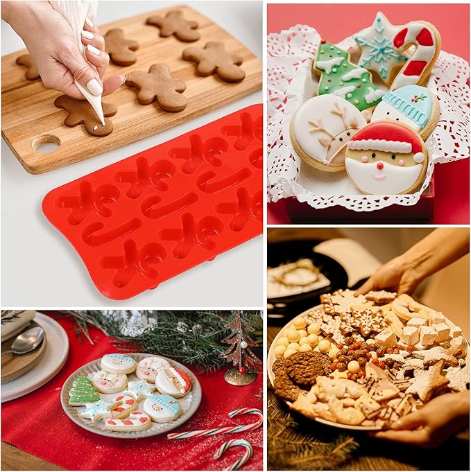 Christmas Silicone Chocolate and Candy Molds, Small Baking Molds for Cake Toppers, Santa Clause Snowman Christmas Tree Presents Gingerbread Stockings Star Candy Cane Molds 6Pcs
