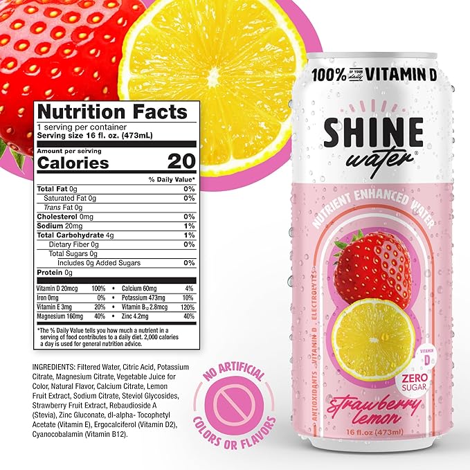 ShineWater Strawberry Lemon Vitamin D Electrolyte Drink | Zero Sugar Hydration Beverage with Magnesium, Zinc & Antioxidants | Low Calorie Plant-Based Vitamin Water | 12 Pack