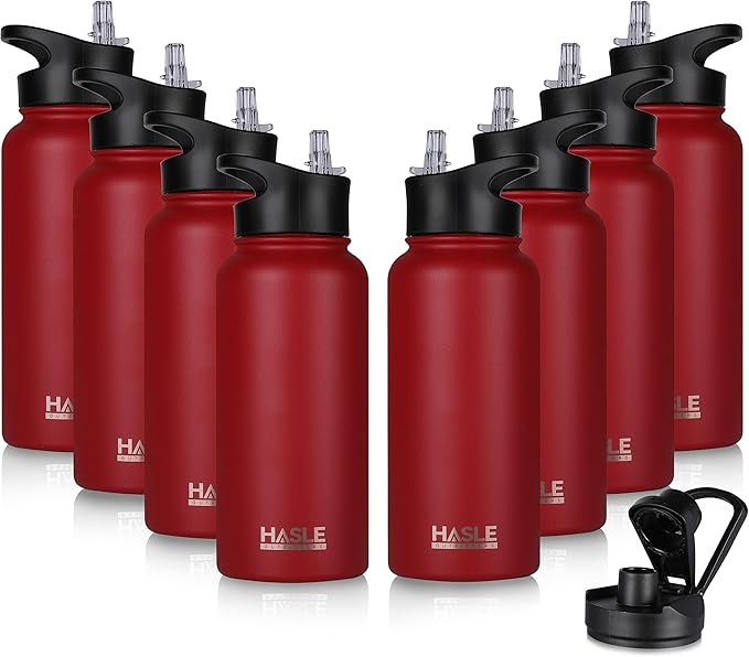 HASLE OUTFITTERS 32 oz Insulated Water Bottle Stainless Steel Double Walled Vacuum Sports Water Bottle with 2 Lids (Straw and Spout Lid) for Gym Camping Hiking(Red,8)