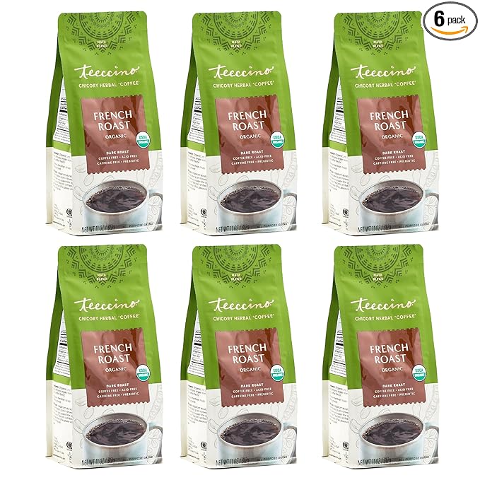 Teeccino French Roast Chicory Coffee Alternative - Ground Herbal Coffee That’s Prebiotic, Caffeine-Free & Acid Free, Dark Roast, 11 Ounce (Pack of 6)