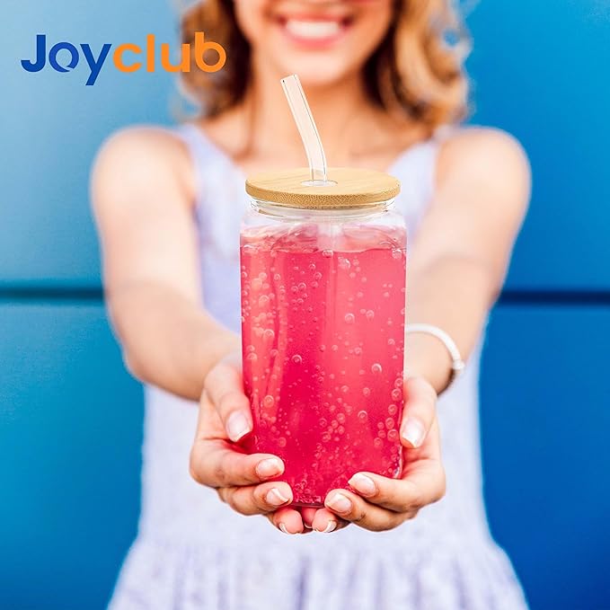 Joyclub Glass Cups with Bamboo Lids and Straws 4 Set 16 oz Reusable Iced Coffee Cup Beer Can Drinking Jars for Smoothie Whiskey Boba Soda Tea Gift