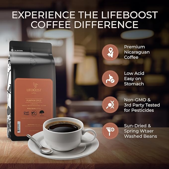 Lifeboost Pumpkin Spice Coffee Whole Bean – Organic, Low Acid, Non-GMO - Cozy Fall Time Blend – Single Origin Medium Roast, Mycotoxin-Free Flavored Coffee, 12 oz
