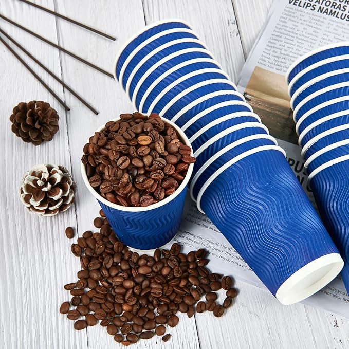 JollyPack 60 Pack 12 oz Paper Coffee Cups, Blue Disposable Beverage Cups with Insulated Ripple Wall for Coffee, Tea, and Hot Chocolate