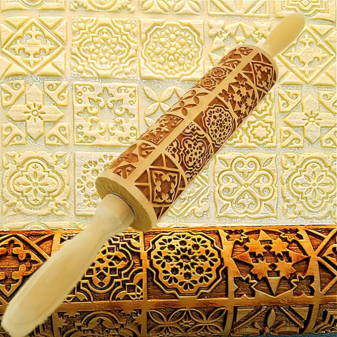 Christmas Wooden Rolling Pin for Baking,Engraved Embossing Rolling Pin Cookie Stamps Roller Square Grid Cookies Mold Kitchen Decor Tools for Kids Adults(Window Grilles)