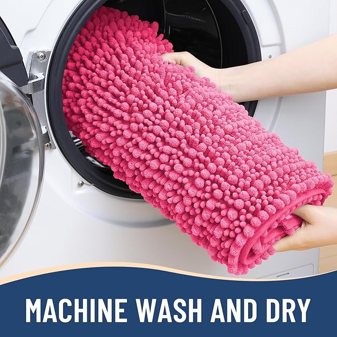 Arotive Luxury Chenille Bathroom Rug Mat, Extra Soft Thick Absorbent Shaggy Bath Rugs, Non-Slip Machine Wash Dry, Plush Bath Mats for Bathroom, Shower and Tub, 24x16, Deep Pink