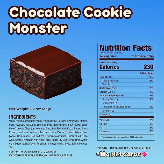 Prime Bites Protein Brownie from Alpha Prime Supplements | High Protein, Collagen Fortified Low Sugar Treat | Delicious Snack | 12 Bars per Box (Chocolate Cookie Monster)