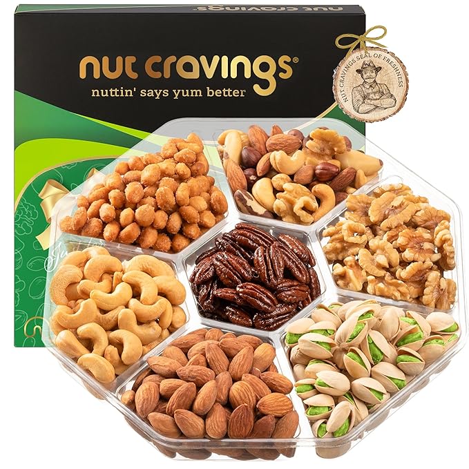 NUT CRAVINGS - Thanksgiving Mixed Nuts Gift Basket in Green Gold Box (7 Assortments, 1 LB) Holiday Xmas Christmas Food Arrangement, Healthy Snack Care Package, Food Assortments
