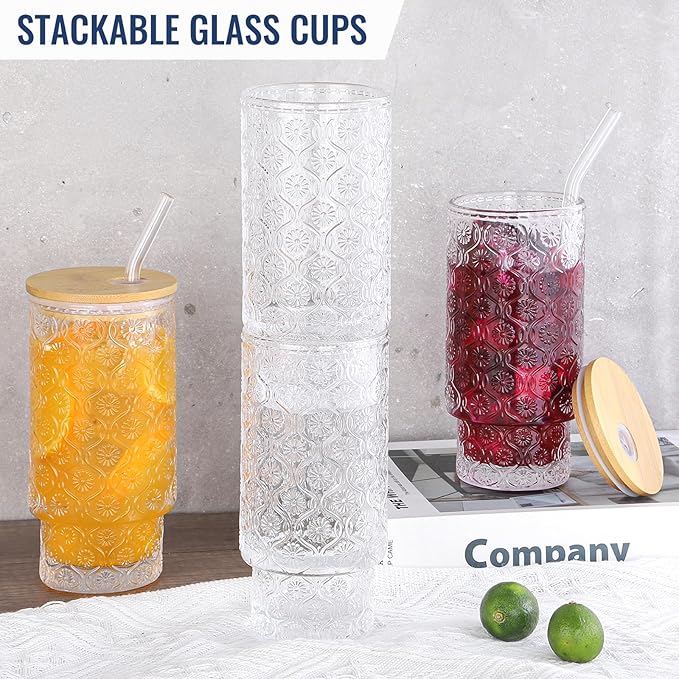 16 Oz Glass Cups with Lid and Straw, Vintage Embossed Floral Glass Tumbler, Iced Coffee Cups for Whiskey Cocktail Beer (1 PACK)