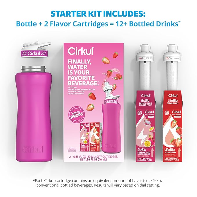 Cirkul 32oz. Hot Pink Stainless Steel Water Bottle Starter Kit with Pink Lid and 2 Flavor Cartridges (1 LifeSip Strawberry, 1 GoSip Passion Fruit Dragon Fruit) No Sugar, Zero Calorie Drink Mix