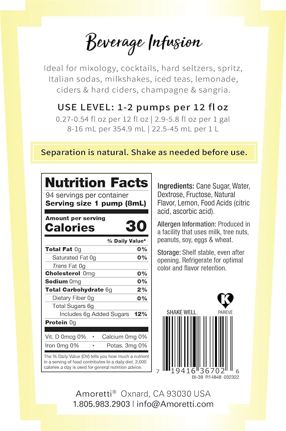 Amoretti - Lemonade Beverage Infusion - Drink Mix & Water Enhancer with Pump for Flavoring Cocktails, Waters, Teas, and other Beverages, Preservative Free
