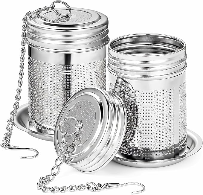2 Pack Tea Strainers Infuser for Loose Tea 304 Stainless Steel Mesh Loose Leaf Steeper Diffuser with Chain Hook and Threaded Lid for Black Tea, Spices and Seasonings