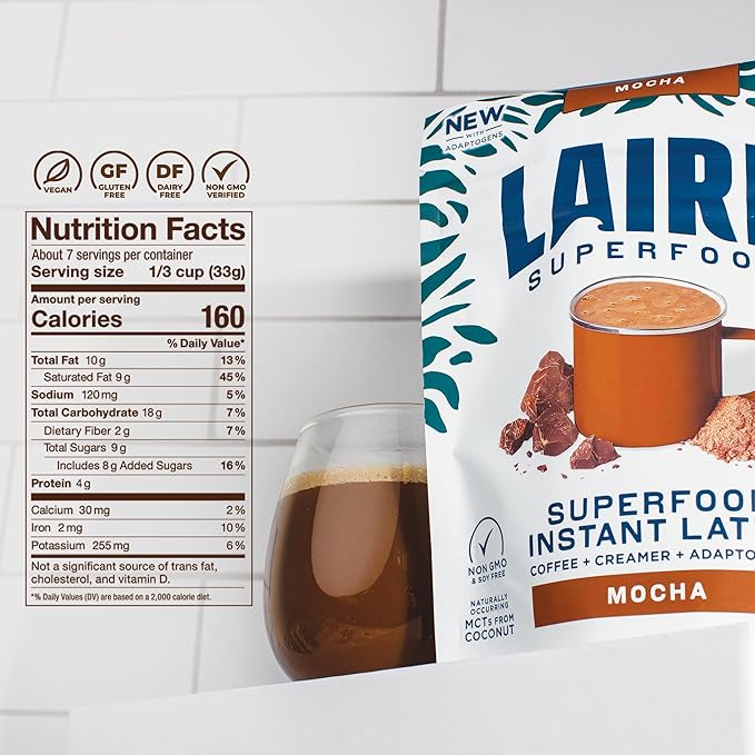 Laird Superfood Mocha Instant Latte with Adaptogens – Mocha Latte packed with Antioxidants and Superfood Coconut Creamer – Boost of Functional Fuel – Gluten Free, Non-GMO, Vegan, 8 oz. Bag, Pack of 1