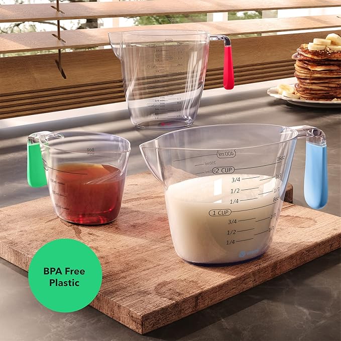 Vremi 3 Piece Plastic Measuring Cups Set - BPA Free Liquid Nesting Stackable Measuring Cups with Spout and Decorative Red Blue and Green Handles - includes 1, 2 and 4 Cup with Ml and Oz Measurement
