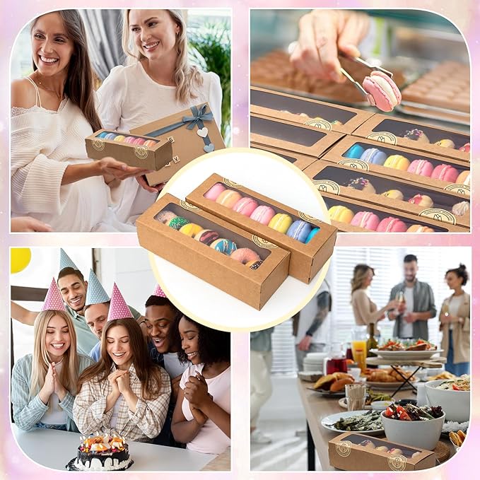 Sherr 50 Pcs Brown Macaron Boxes with Window, Cookies Boxes with 200 Pcs Stickers Long Bakery & Dessert Gifts Containers for Donuts, Pastry, Chocolate Covered Strawberry