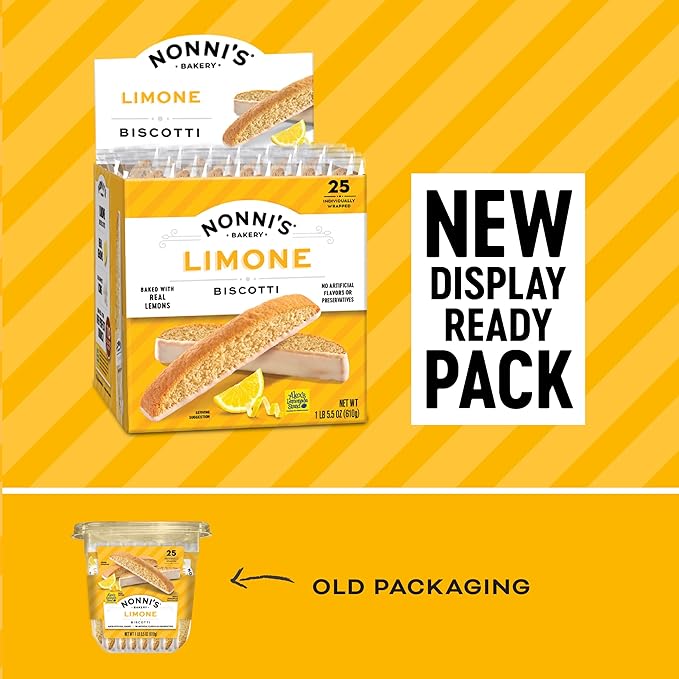 Nonni's Limone Lemon-Iced Biscotti Cookies – Individually Wrapped Italian Tea-Time Snack, Crunchy Twice-Baked, 110 Cal Each, 21.5 oz Carton, 4 Pack
