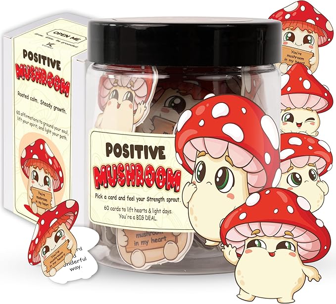 Mushroom Gifts for Women - 60 Positive Mushroom Jar, Daily Affirmation Cards For Womens, Girls - Emotional Support Mushroom - Birthday Gift for Women, Coworkers, Besties - Teen Girl Gifts Trendy