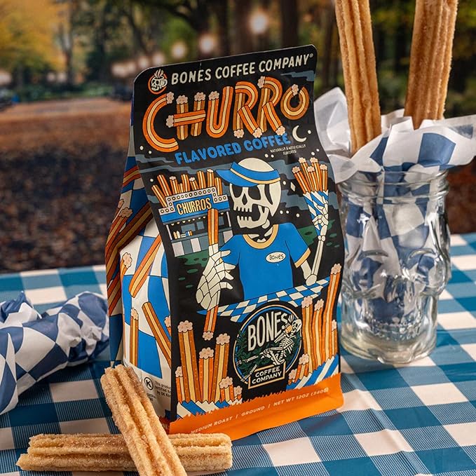 Bones Coffee Company Churro, Sweet Sugary Cinnamon Flavored Coffee, Medium Roast Low Acid Arabica Beans Compatible with Auto drip and French Press Coffee Maker, 12 Oz Ground