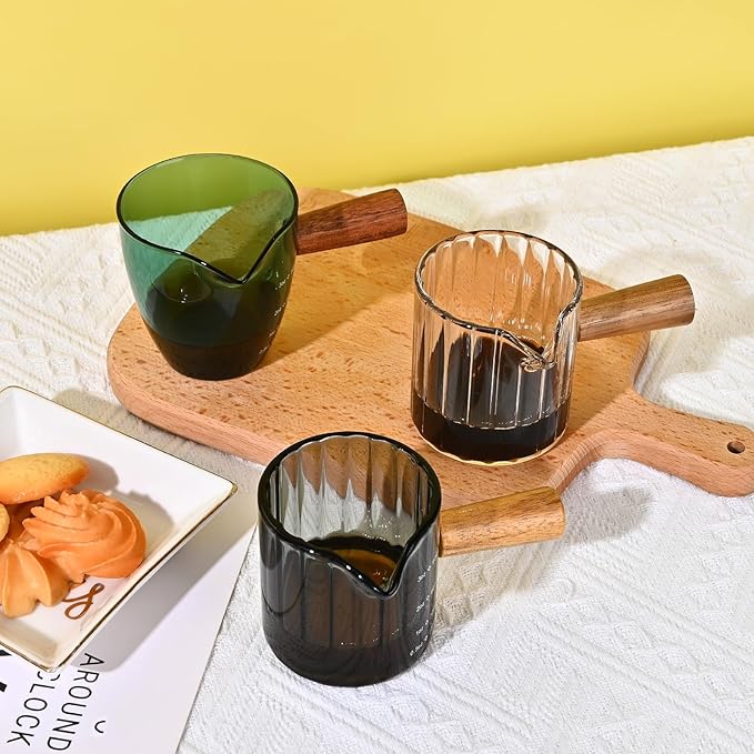 Glass Measuring Cup, 3oz Espresso Shot Glass with Wood Handle, Single Spout Measuring Cups Pitcher Milk Cup Coffee Shot Glasses (Gray Ribbed)
