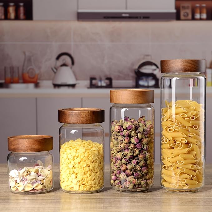40 oz/1200 ml Glass Jar with Airtight Wooden Screw Top Lid, Clear Stackable Food Storage Canister, Large Tall Decorative Glass Container for Coffee, Candy, Cookie, Sugar, Oatmeal, Salt, Pasta