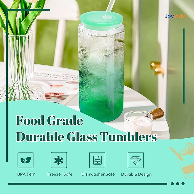 Joyclub 20oz Glass Cups with Acrylic Lids and Straws 12 Set Can Shaped Glass Iced Coffee Cups with Lids, Gradient Drinking Glasses Cute Tumbler Cup Great for Smoothie Soda Boba Tea Cocktail Beer Gift