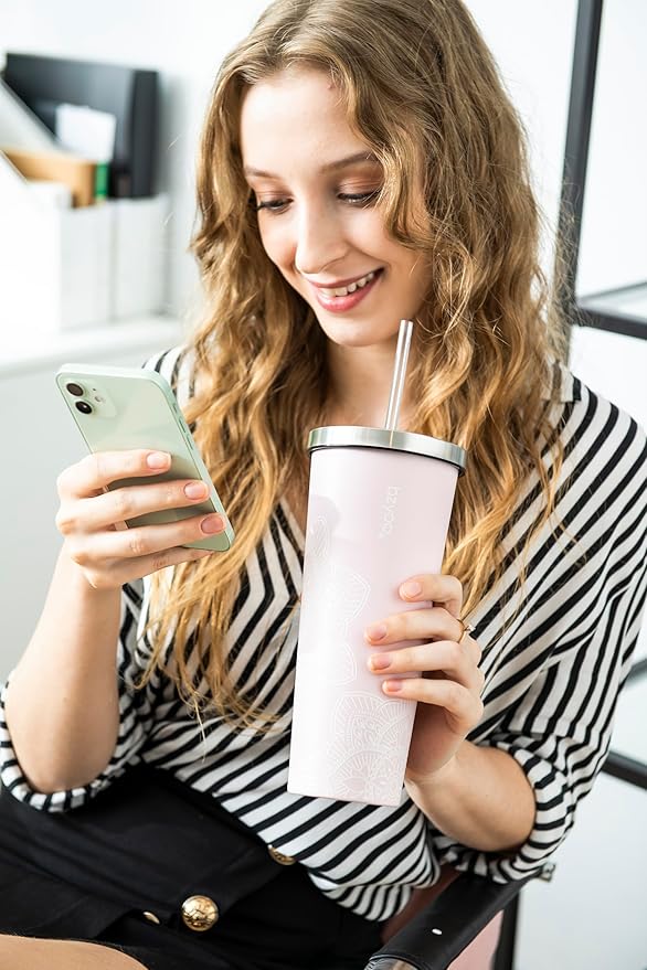 bzyoo SUP Double Wall Vacuum Insulated Tumbler with Straw and Lid Stainless Steel Water Bottle Cold Drink Travel Mug Cup, Valentines Gifts For Him & Her (710ml) Color: Mandala Pink