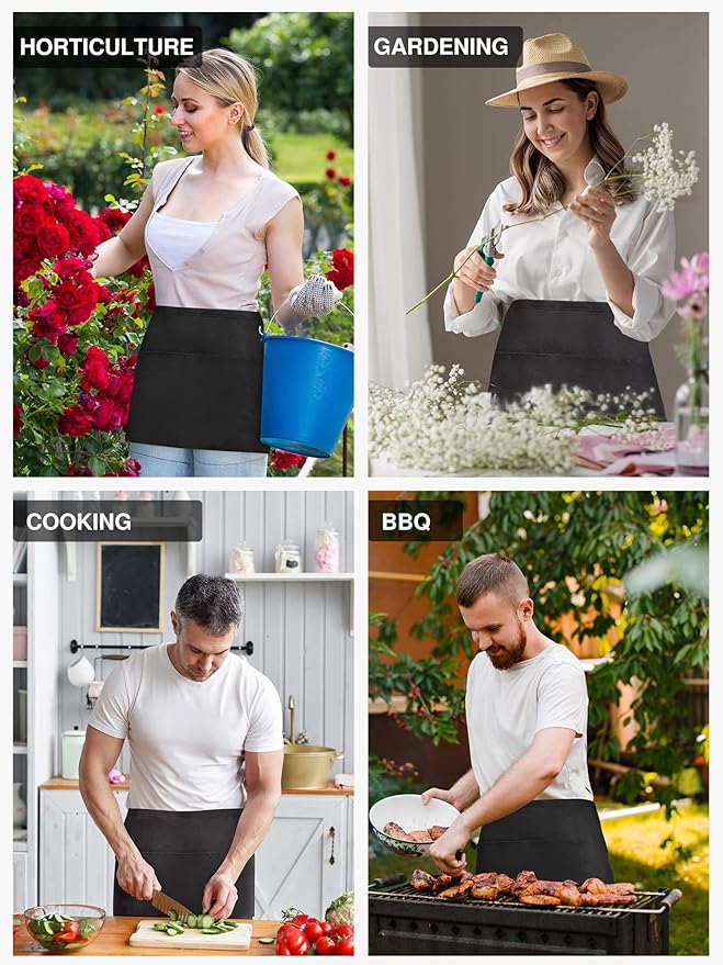 Syntus 2 Pack Server Apron with 3 Pockets, Waterdrop Resistant Waitress Waiter Waist Apron, 11.5-inch Black