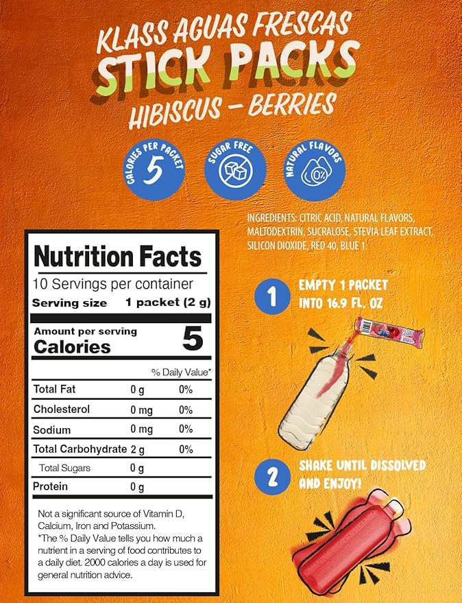 Klass Aguas Frescas | Drink Mix Hibiscus Berries | Sugar Free! (40 Count Powder Stick Packs)