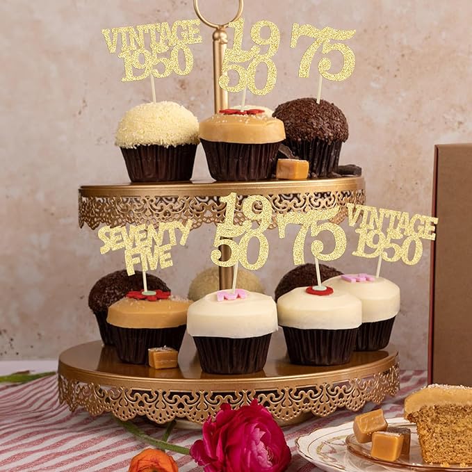 Gyufise 24Pcs 75th Birthday Cupcake Toppers Glitter Cheers to 75 Fabulous Seventy Five Vintage 1950 Cupcake Picks 75th Birthday Wedding Anniversary Party Cake Decorations Supplies Gold