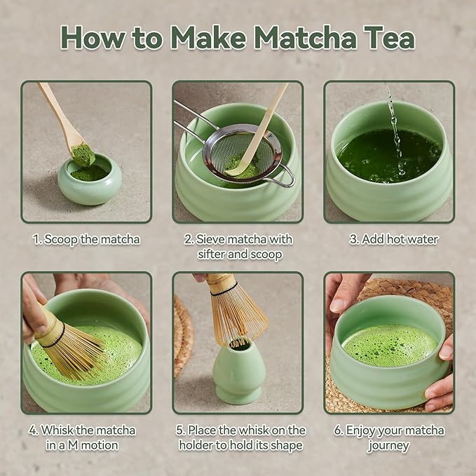 Japanese matcha set, matcha whisk and bowl, matcha sieve, matcha whisk holder, and matcha spoon - 8pcs Matcha Set (green)
