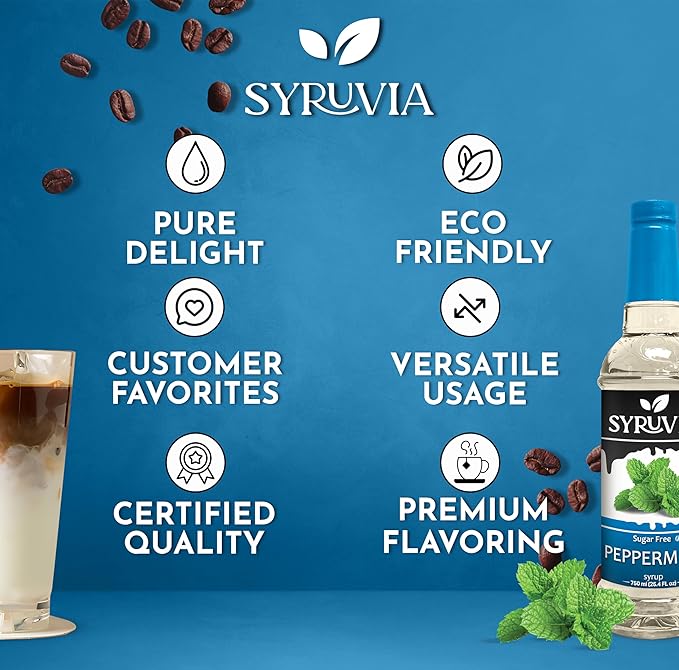 Syruvia Sugar Free Peppermint Syrup for Coffee, Flavored Syrup for Drinks, Lattes, and Desserts – 25.4 fl oz