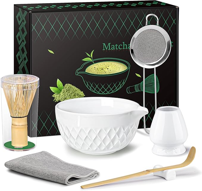 Matcha Whisk Set, 7 Pcs Matcha Kit, Ceramic Matcha Set Includes Matcha Bowl with Spout, Matcha Whisk and Holder, Bamboo Scoop, Scoop Rest, Sifter and Tea Towel (Ceramic White)