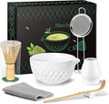 Matcha Whisk Set, 7 Pcs Matcha Kit, Ceramic Matcha Set Includes Matcha Bowl with Spout, Matcha Whisk and Holder, Bamboo Scoop, Scoop Rest, Sifter and Tea Towel (Ceramic White)
