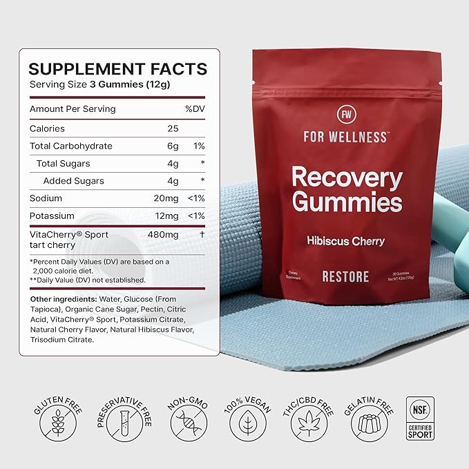 Recovery Gummies Restore - Tart Cherry Gummies for Muscle Recovery - Hibiscus Cherry Flavor with Antioxidants & Electrolytes Combats Soreness, Boosts Energy - Vegan, Non-GMO, Gluten-Free - 90ct
