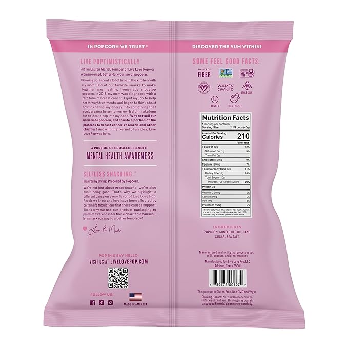 Live Love Pop Sweet and Salty Kettle Corn Flavored Gourmet Popcorn, 1.5 Oz (Pack of 12), Individual Snack Size Bags, Healthy Snack, Gluten Free, Vegan & Non-GMO, Mission Driven Munchies
