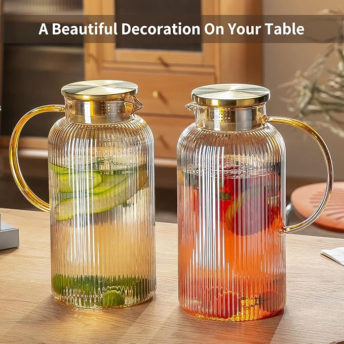 2 PACK Glass Pitcher with Lid, 68 oz/ 2 Liter Amber Classic Vertical Stripes Water Pitcher,Glass Water Carafe for Cold Brew, Coffee, Lemonade, Iced Tea,Beverage, Heat Resistant Water Glass Jug