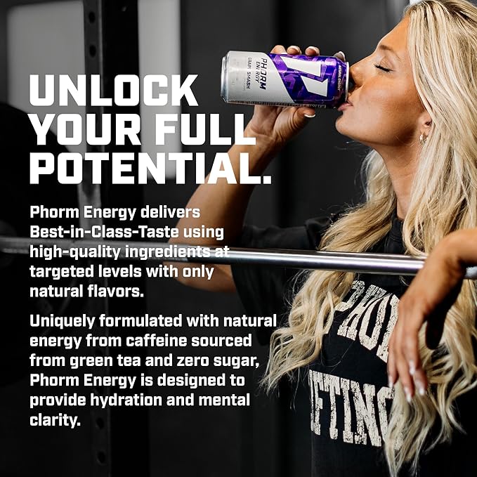 Phorm Energy Drink, Grape Smash Flavor, 200 MG Natural Caffeine From Green Tea, Sugar Free Carbonated Drink With Electrolytes & Vitamin B12, Dairy & Gluten Free, Vegan, 16 FL Oz Cans, 12 Pack