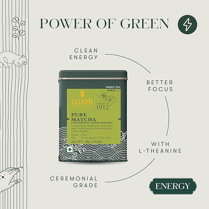 Luxmi Estates - Pure Matcha - Ceremonial Grade Matcha Powder - 50g | Organic, Stone-Ground Matcha Tea, Rich in Antioxidants | Authentic Zen Tea Experience