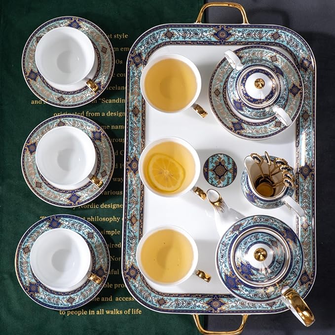 Euro Style Bone China Tea Set, 21 Piece Porcelain Tea Sets for 6 Adults, Bone China Tea Cup Set, Creamer Pitcher, Tea Set for Women Tea Party Set, Gift Package (21, Court)