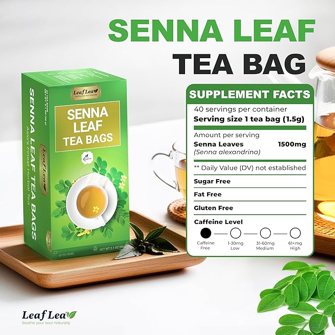 LeafLea 80 Senna Leaf Tea Bags – Natural Herbal Laxative Tea, Supports Gentle Constipation Relief & Healthy Digestion, Caffeine-Free, Sugar-Free, No Gluten, Non-GMO, Vegan, Individually Wrapped